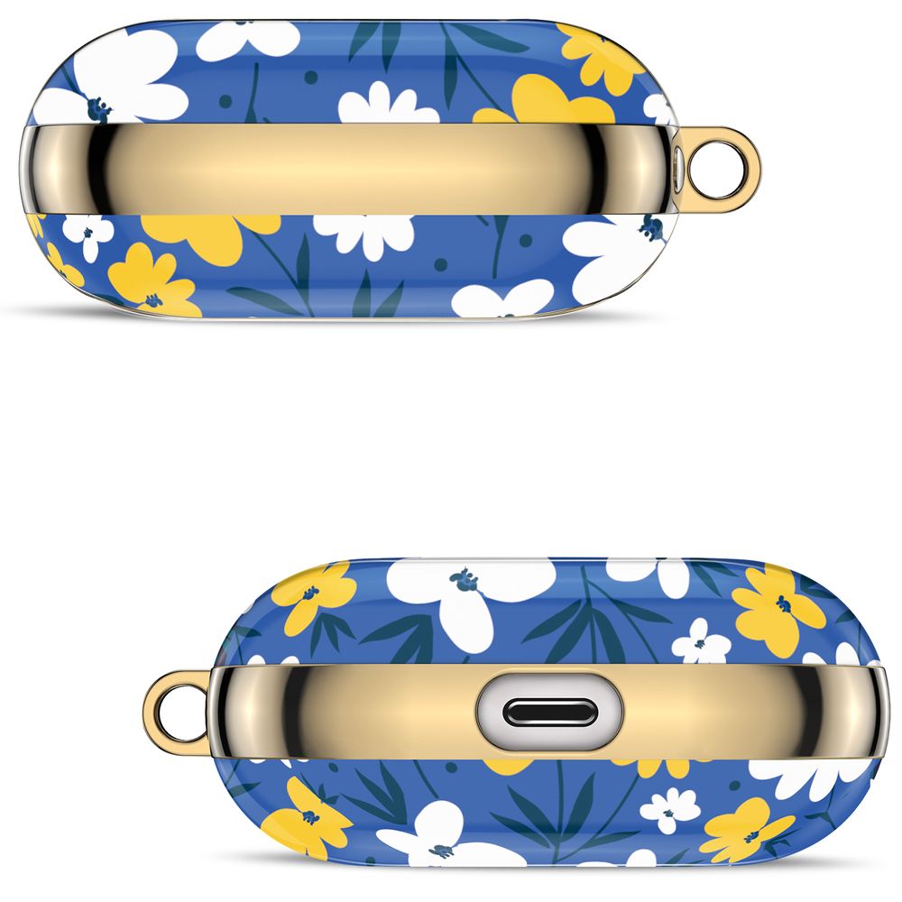 Дизайнерский чехол для Apple Airpods Pro с цветочным принтом Синий с золотым кольцом