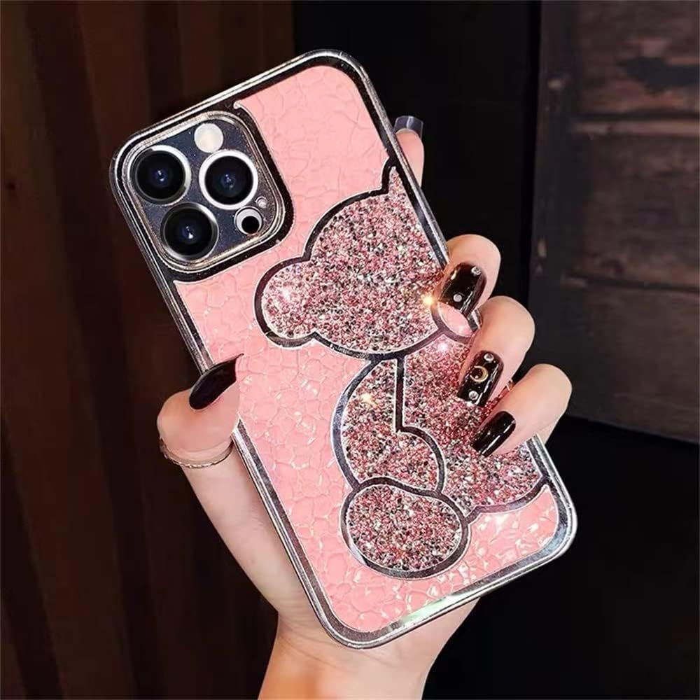 Блестящий чехол для iPhone 15 Diamond Bear Розовый