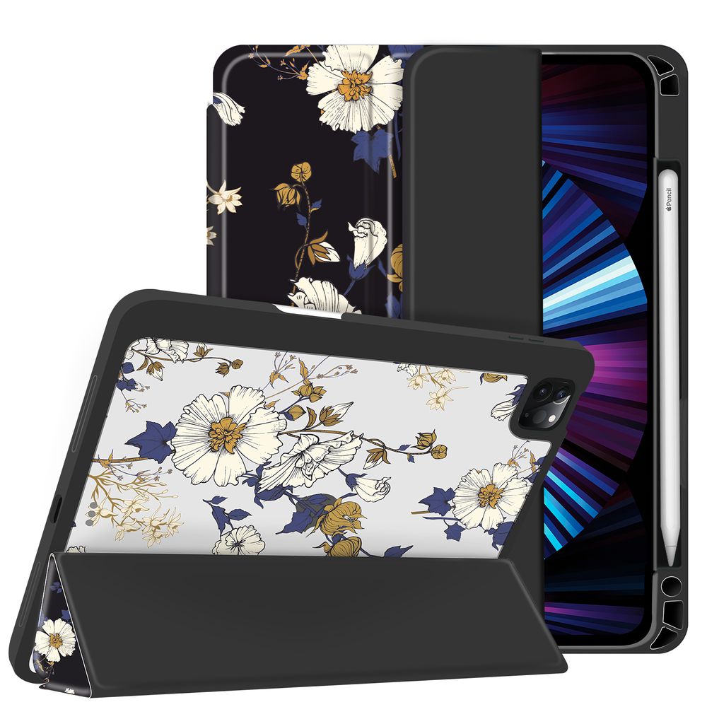 Чехол-книжка для iPad Pro 11/Air 4-5 (10.9) 11" Черно-белый с цветами Magnetic Case
