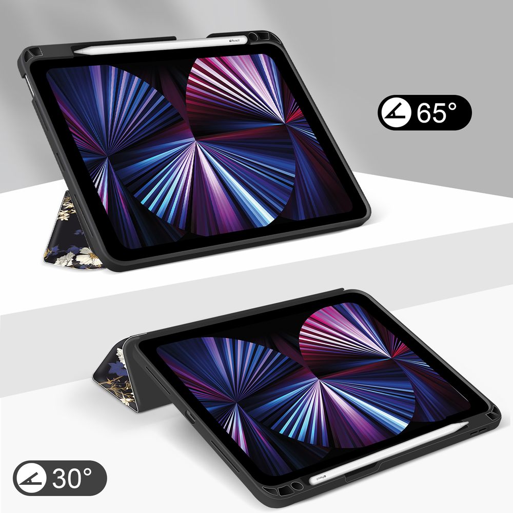 Чехол-книжка для iPad Pro (2018/2020/2021) 12.9" Черно-белый с цветами Magnetic Case