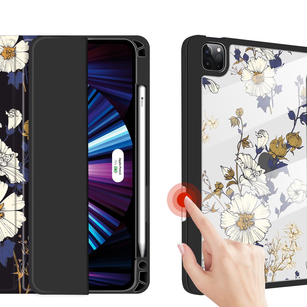 Чехол-книжка для iPad Pro (2018/2020/2021) 12.9" Черно-белый с цветами Magnetic Case