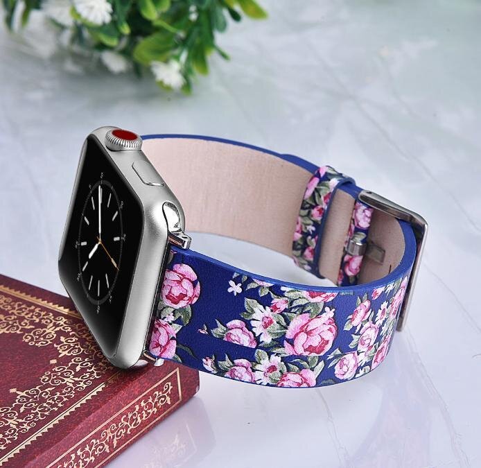 Женский синий кожаный ремешок "Винтажные розы" для Apple Watch 38-41 мм (Series 6/5/4/3/2)
