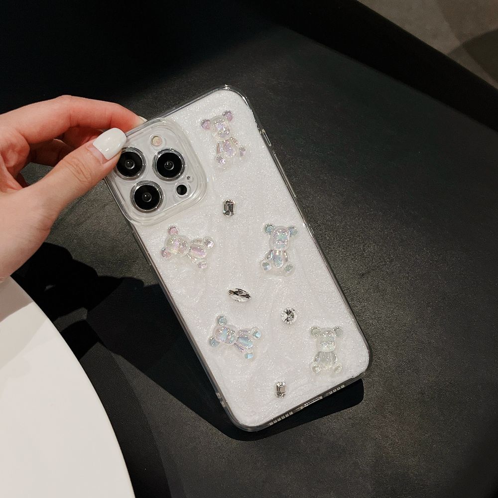Кремовый чехол для iPhone 15 3D Teddy Bear с блестками