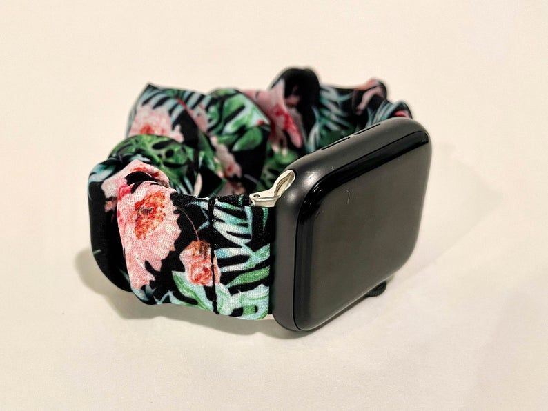Ремінець "Ніжна квітка" чорний для Apple Watch 42-45 мм (Series 6/5/4/3/2) + резинка для волосся