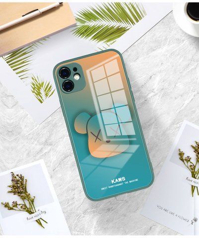 Синий стеклянный чехол Bearbrick Kaws для iPhone 12 Pro Max