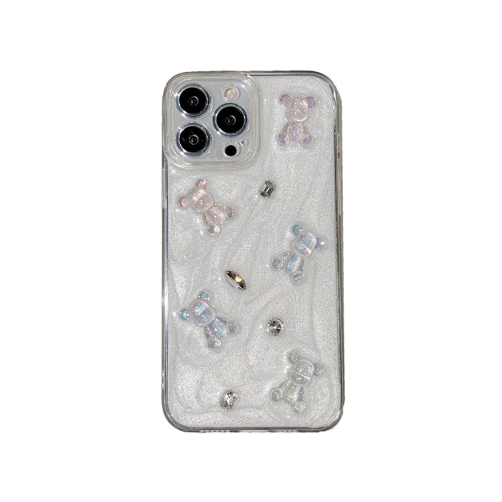 Кремовий чохол для iPhone 14 Pro Max 3D Teddy Bear з блискітками