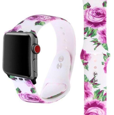 Силиконовый белый ремешок "Сиреневые розы" для Apple Watch 46 / 45 / 44 / SE 44 / 42 (Series 1-3) / 49 Ultra / Ultra 2