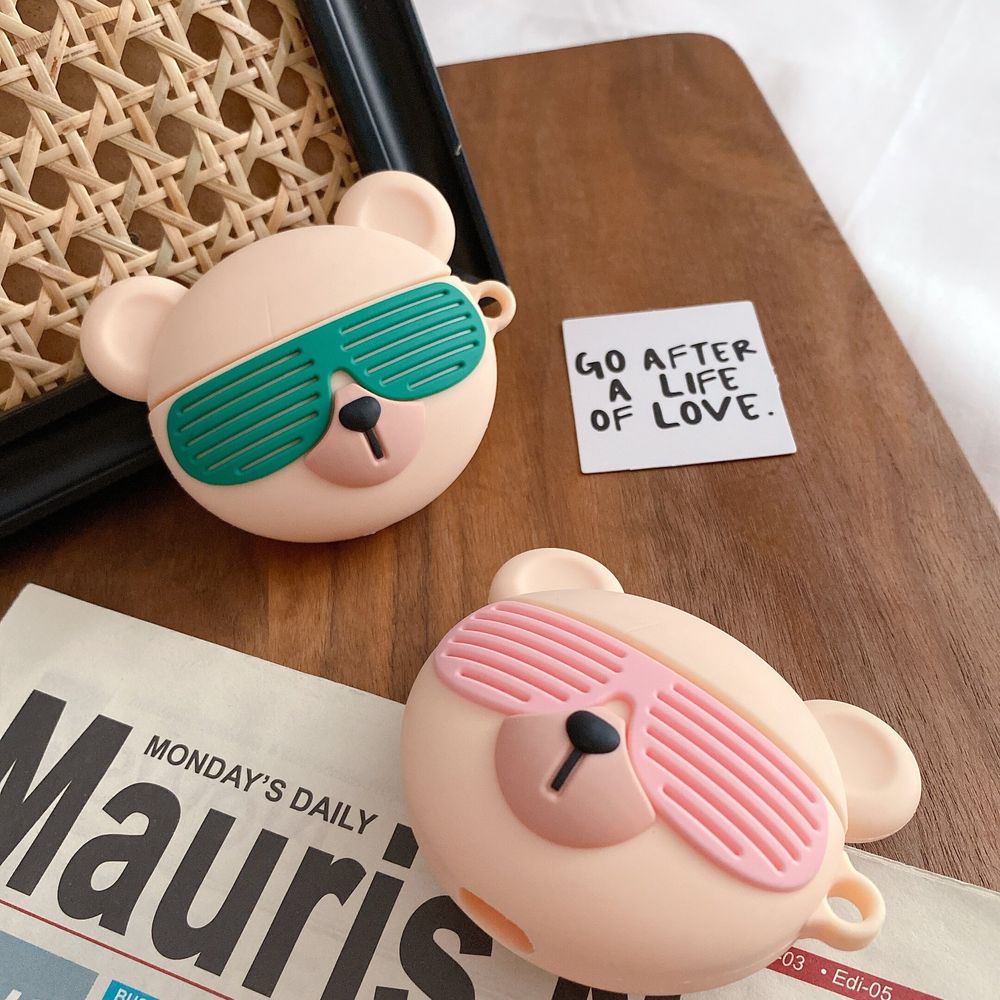 3D Чохол "Медведик Starbucks" в рожевих окулярах для Apple Airpods 1/2 + брелок