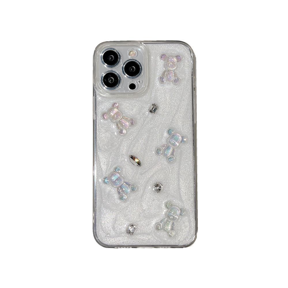 Кремовий чохол для iPhone 14 Pro 3D Teddy Bear з блискітками