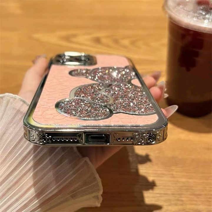 Блискучий чохол для iPhone 14 Diamond Bear Рожевий