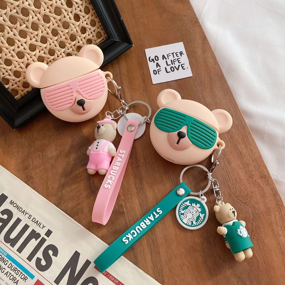3D чехол "Медвежонок Starbucks" в розовых очках для Apple Airpods Pro + брелок