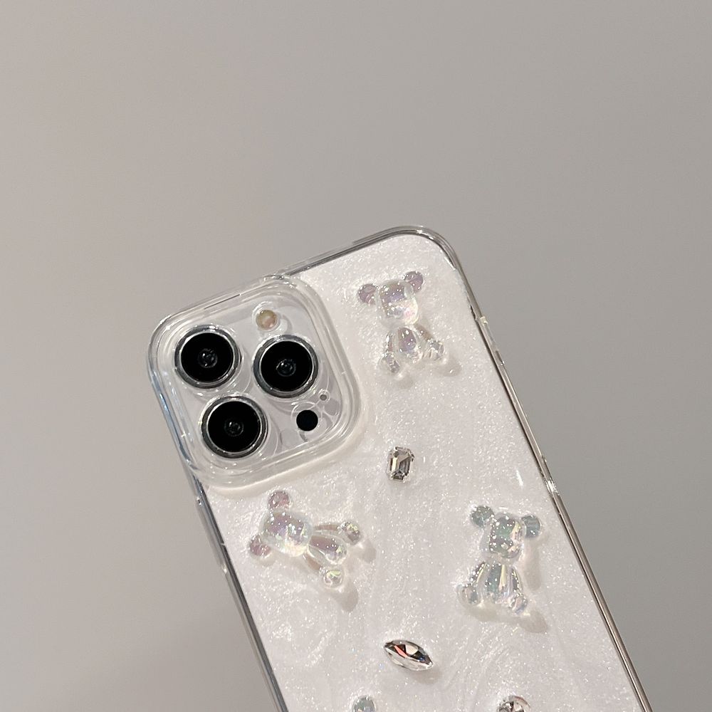 Кремовий чохол для iPhone 14 3D Teddy Bear з блискітками